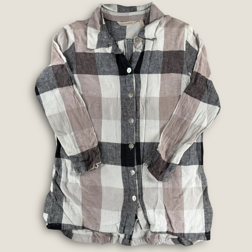 Soft Surroundings Tunic Top S Small Linen Blend Plaid Zip Back Split‎ Hem Button